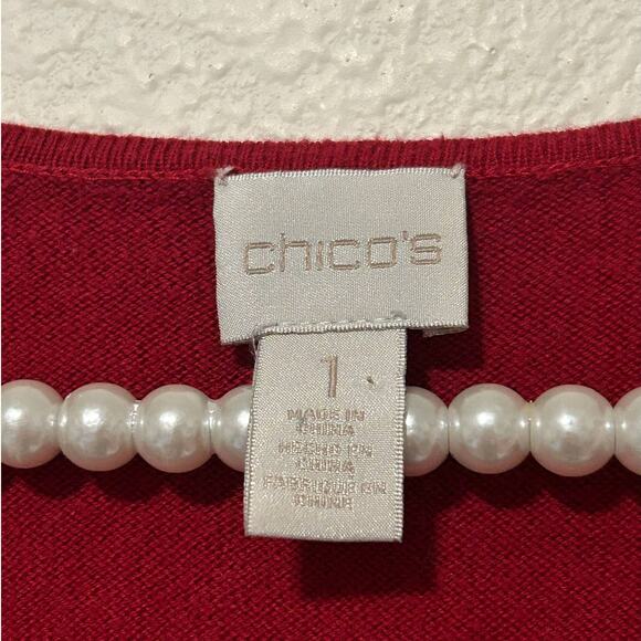 Chicos Size 1 US Medium Red Tunic Sweater Stretch Short Sleeve Silk V-Neck Top - Picture 2 of 16